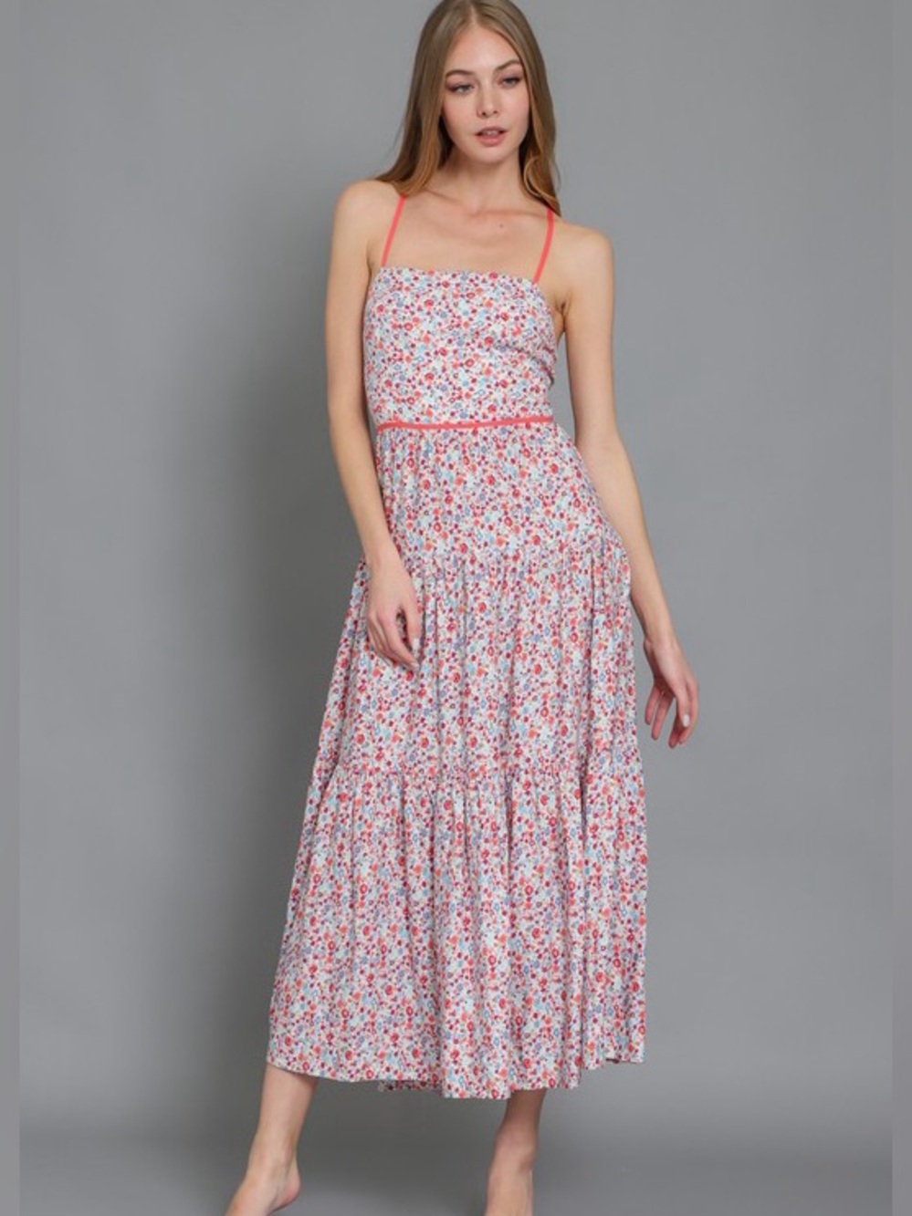 Common Assembly Sleeveless Floral Tiered Maxi Dress in Red and White